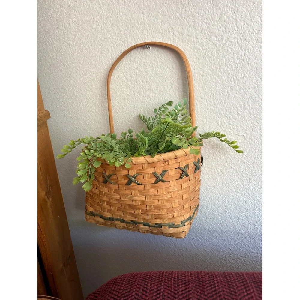 Vintage Woven Wall Pocket Basket Green Accent Farmhouse Hanging Decor